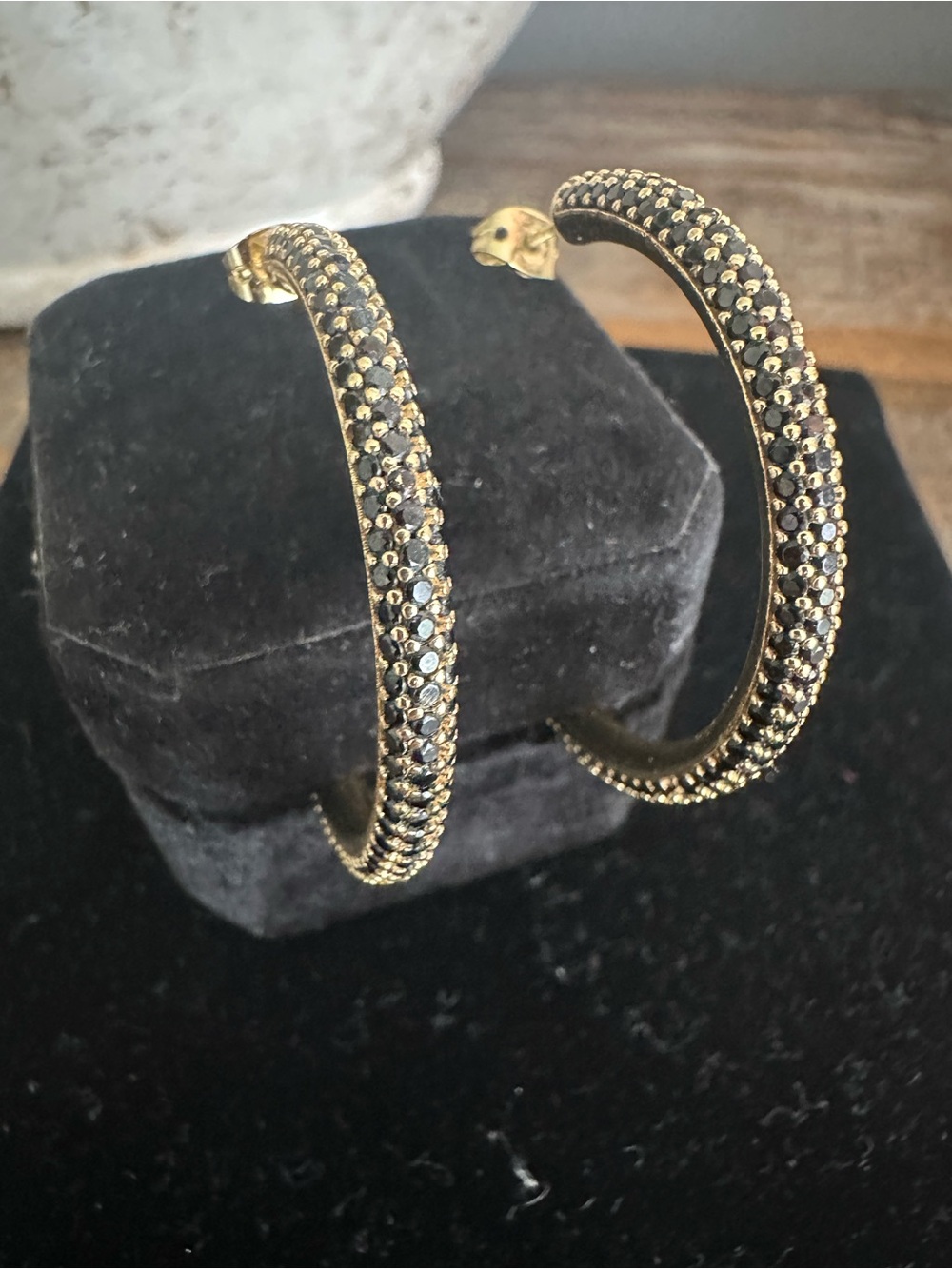 Gold Hoop Earrings with Black Stones - Women's Jewelry